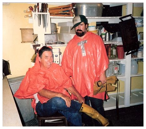 1986.. - Rob with son-in-law Bill, modelling their modern duct-tape rainwear.jpg